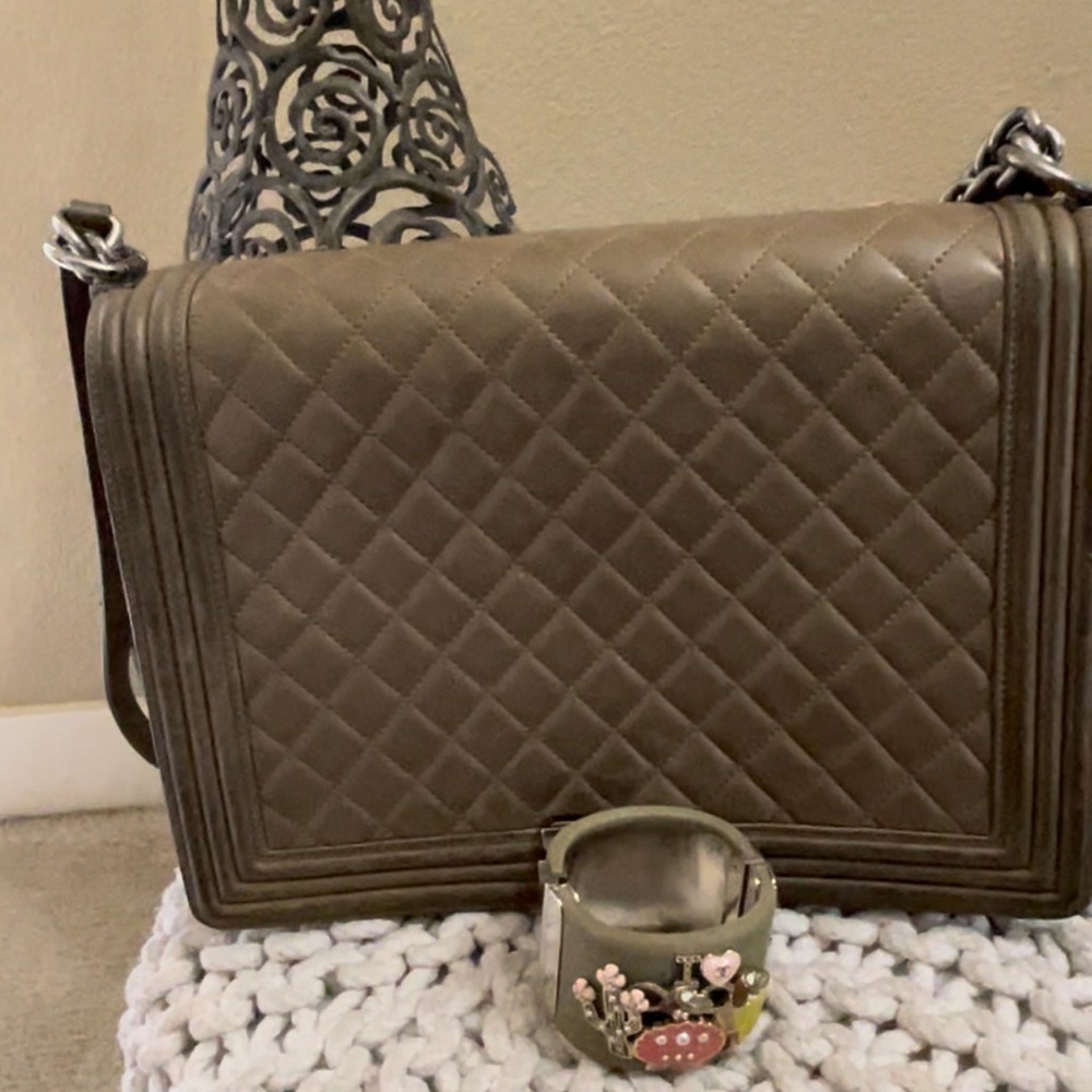 Jumbo Chanel “Le Boy” Khaki/ Ruthenium Handbag with FREE Chanel Bracelet